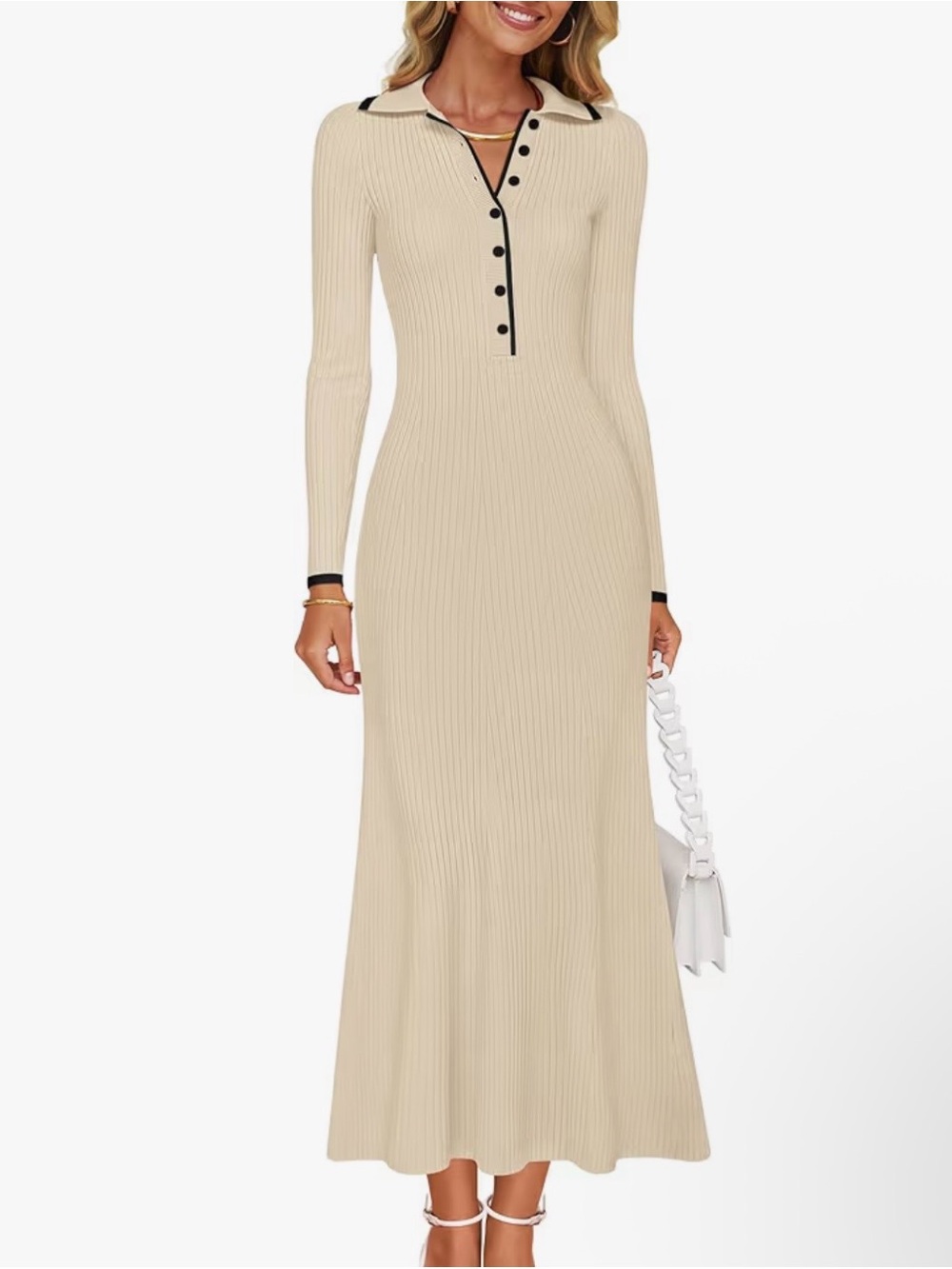 Cream Ribbed Long-Sleeve Polo Maxi Dress with Contrast Trim